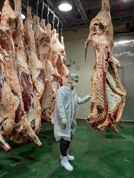 농협 점검인력이 가공공장에서 자체 위생 점검을 실시하고 있다