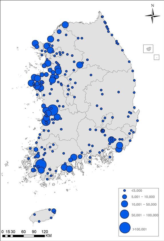 12월 전국 오리과 조류 분포지도